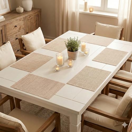 Image of YELONA Placemats for Dining Table - Heat Resistant, Non-Slip & Washable PVC Vinyl Table Mats - Set of 6, 45 x 30 cm (Beige & White)