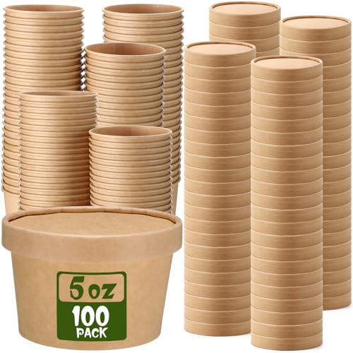 Image of Fulmoon 5 oz 100 Pack Paper Containers with Lids Soup Bowl Cup, Brown | Disposable Ice Cream Cup, Kraft Food Containers with Vented Lid Stackable for Hot Soup Dessert Cake Fruit Microwave Takeout