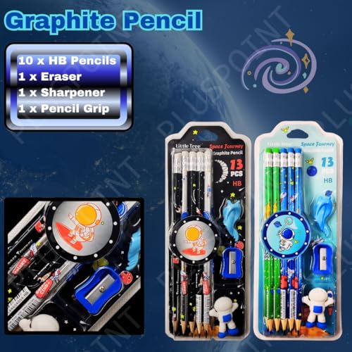 Image of PLUSPOINT 26 Pcs Space Theme 20 Pencils for Kids with 2 erasers 2 sharpeners 2 Grips Astronaut Space Design Perfect for Birthday Classroom and School Supply