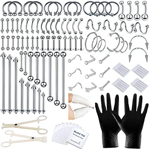 A-minusone 84+98+120PCS Body Septum Piercing Kit 14G 16G Tools for Nose Tongue Lip Ear Eyebrow Belly Button Cartilage Tragus Industrial Barbell Helix Daith Piercing Jewelry Clamps