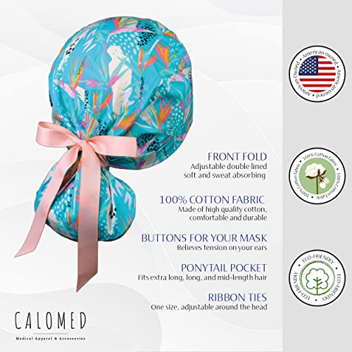 Image of Scrub Cap for Women and Men, Ponytail Scrub Caps, Working Hat, Head Cover with Ribbon Ties and Buttons, Long Hair