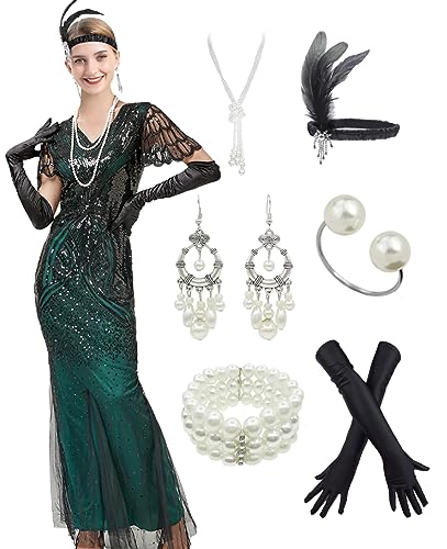 1920s Gatsby Flapper Evening Party Dress V Neck Sequins Mermaid Hem Cocktail Long Maxi Gown w/ 20s Accessories Set