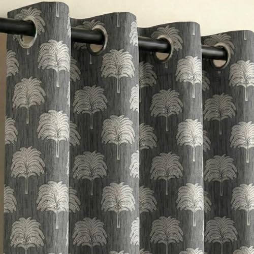 Image of Fashion String Elegant Tree 150 GSM Semi Transparent Eyelet Polyester Long Door Curtains - 9 Feet, Grey (Set of 2)