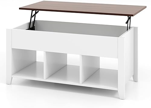 Mesa auxiliar elevable, mesa de té moderna 2 en 1 con compartimento de almacenamiento oculto y 3 estantes de almacenamiento abiertos, mesa central
