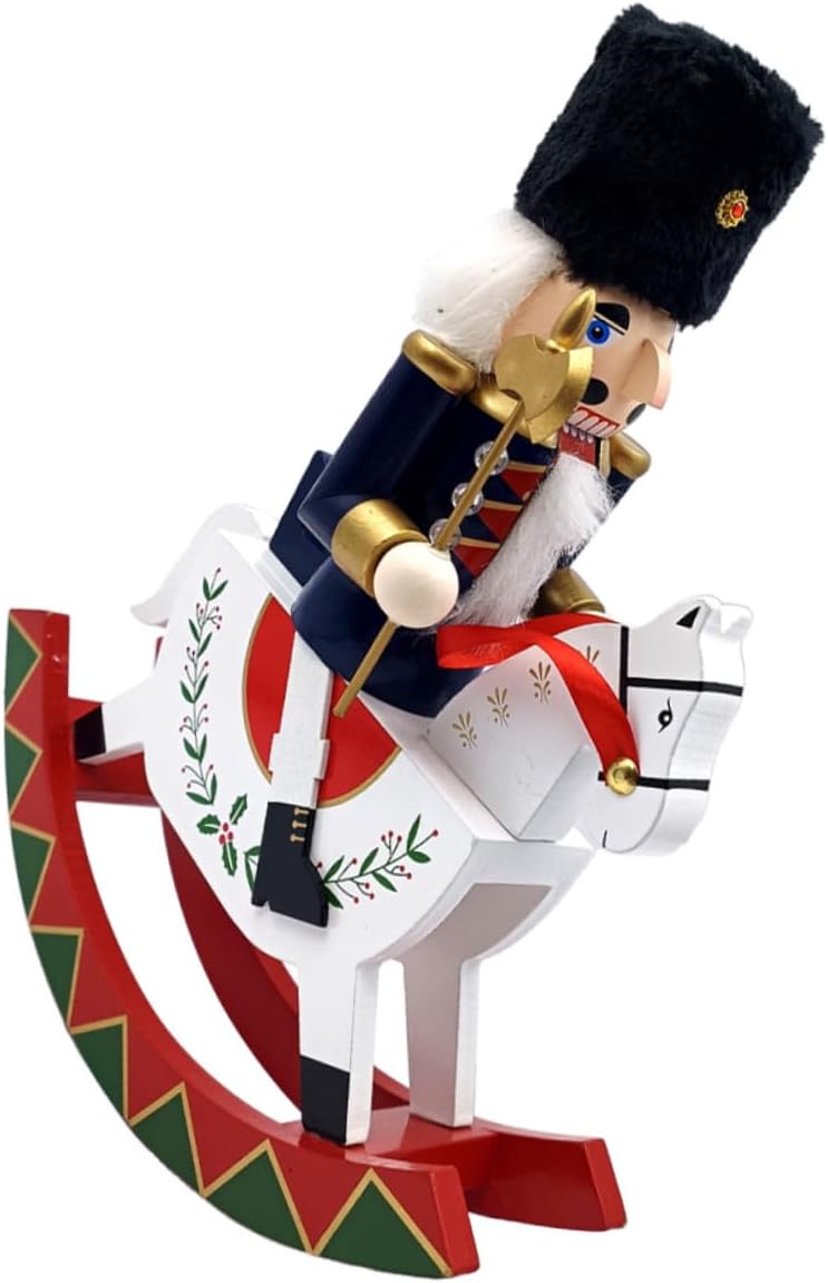 DOITOOL Christmas Nutcracker Figurine Large Wooden Guard on Rocking Horse Blue Tabletop Decoration Holiday Xmas Home Décor