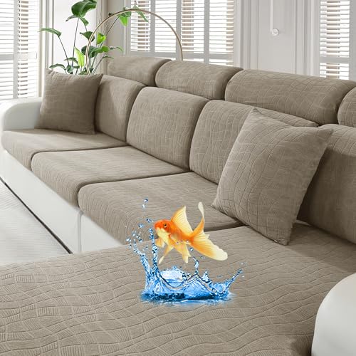 MAXIJIN Waterproof Couch Cushion Covers Stretch Sofa Seat Slipcovers Washable，Sectional Outdoor Cushion Covers with Elastic Bottom for Dogs Pets Kids (1 Pc Cushion Cover, Khaki)