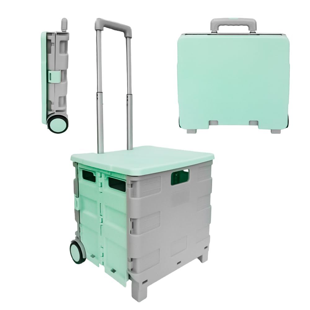 Berry 40L Foldable Shopping Trolley, Plastic Trolley Cart with 2 Wheels and Lid, Portable Cart with Telescopic Handle, Multipurpose Utility Cart for Shopping, Teacher - Mint Green and Grey