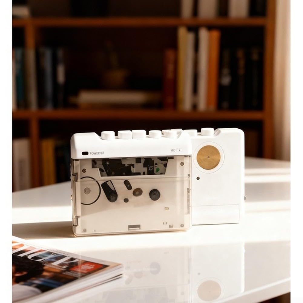 Kabelloser Retro-Kassettenspieler mit Konnektivität, sichtbarer Kupferschwungrad-Stereo-Recorder, AUX-in-Aufnahme, USB-C- oder AA-Batteriebetriebenes, tragbares Kassettendeck für