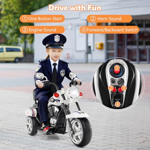 Image of Costzon 6V Ride on Chopper Kids Motorcycle w /Horn, Headlight(Police White) | Battery Powered, 3-Wheel Stable Ride on Toys, Electric Toddler Motorcycle for Kids, Gift for Boys Girls