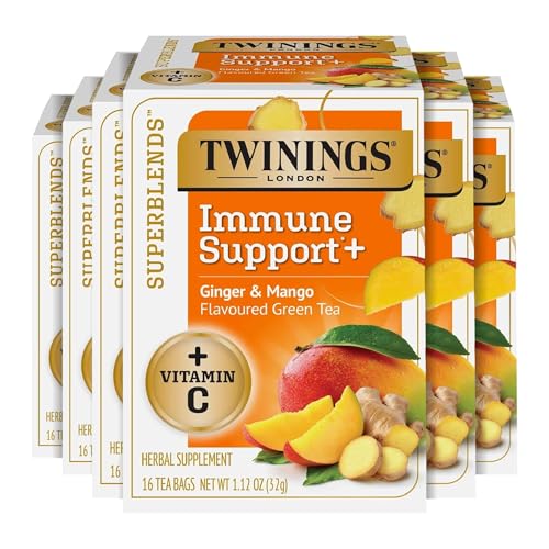 Twinings Superblends Immune Support+ Herbal Tea with Vitamin C, Ginger & Mango Flavoured Green Tea, 16 Tea Bags (Pack of 6), Naturally Caffeine-Free, Enjoy Hot or Iced, 96 Teabags
