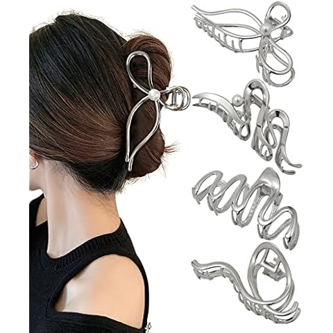 HAIMEIKANG 4 PCs Metal Hair Claw Clips - Irregular Large Clips for Women, Non-Slip Styling Accessories for Thick and Thin Hair (Silver) Cover