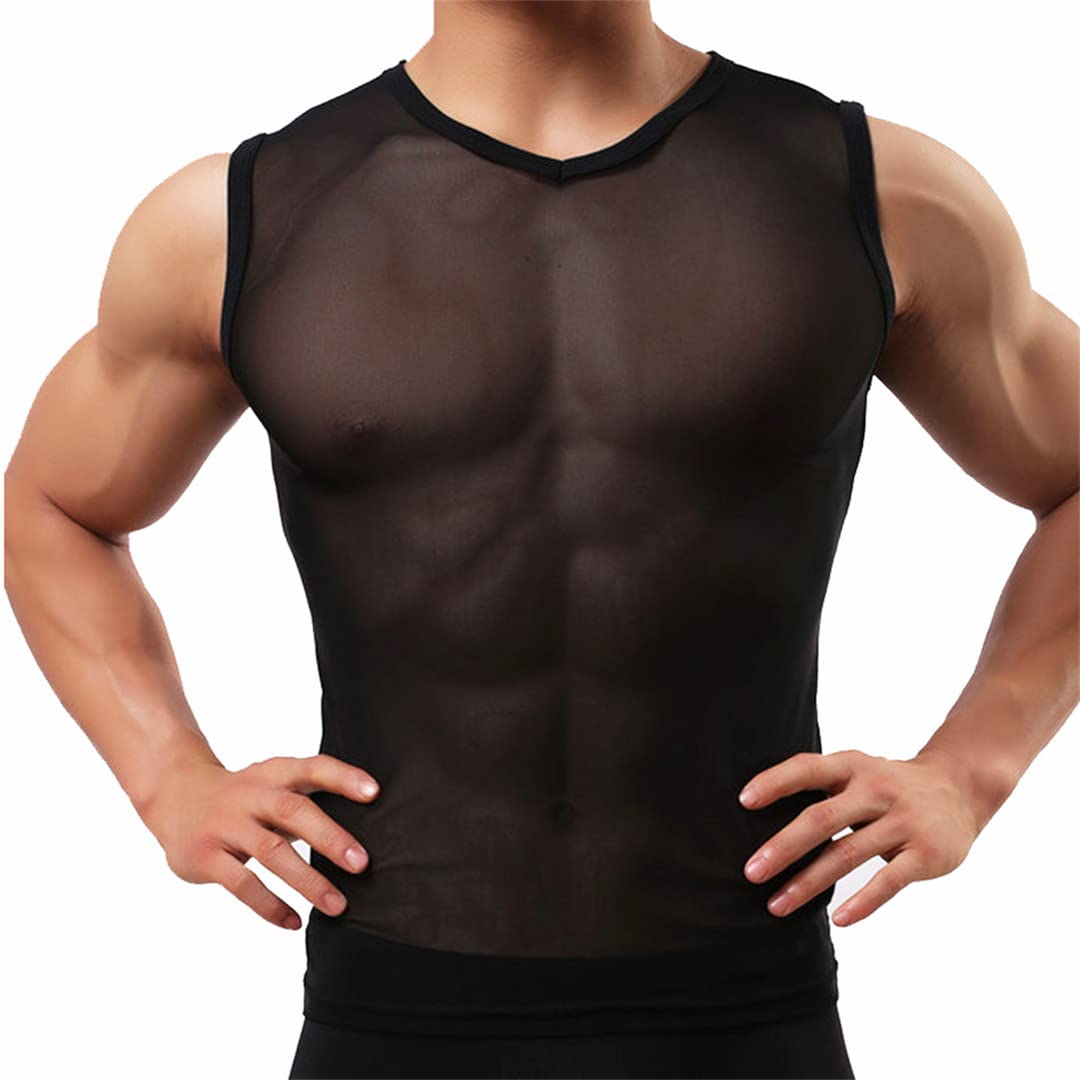 Uomini Sexy Mesh Vedere Attraverso T-Shirt Pigiameria Senza Maniche Top Intimo Maschio Undershirt Camicia Trasparente Colore L