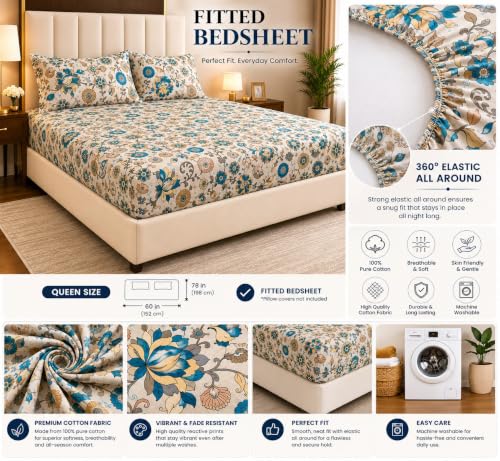 Image of Trance Home Linen 144TC 100% Cotton 78 inchx48 inch Twin Bed Size Elastic Fitted Bedsheet | Printed Twin Size Bed Elasticated Fitted Bedspread with 2 Pillow Covers (78x48 inch, Kalamkari Teal)