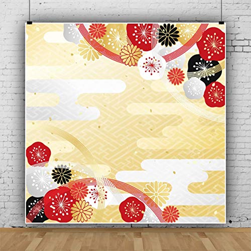 Qinunipoto 2.1x2.1m 背景布 和風 プリント 写真背景 伝統模様 撮影用 背景紙 壁飾り 菊と風 新年 中秋節 結婚式 春 の装飾 誕生日 部屋装飾 大人/子供 肖像写真 家族 スタジオ 写真の背景 撮影 家/ オフィス装飾 事業活動 お祝い背景