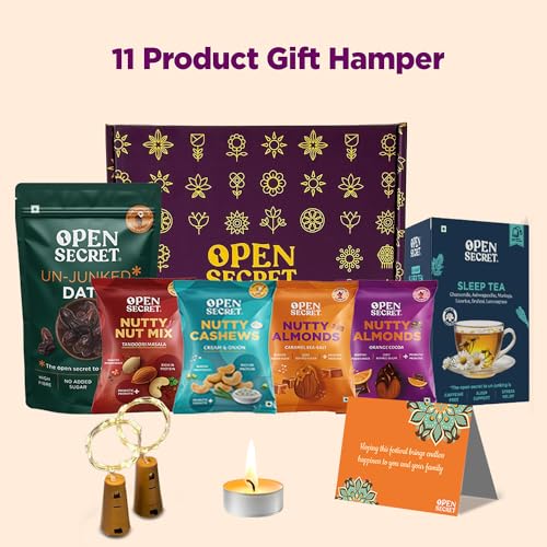 Image of Open Secret Premium Gift Hamper | Combo of 11 | Ideal Gifting for Christmas, Secret Santa & New Year Season | Dates, Assorted Nuts & Herbal Tea | Dry Fruit Gift Box, Chocolate Gifts, Dry Fruits, Healthy Premium Hamper, Gifts for colleagues, Employee Gifting