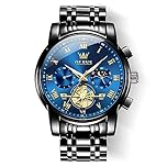 OLEVS Men's Wrist Watches Two Tone Stainless Steel Quartz Watch Diamond Chronograph Moon Phase Gold Blue Black Dial Male Watch Waterproof Luminous