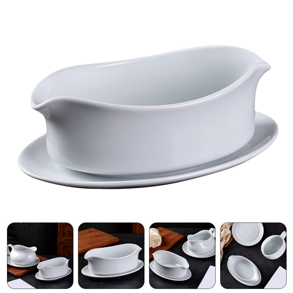 Tazza di salsa in ceramica for la barca di sugo: barca di sugo con vassoio, bistecca sugo versatore, 60 0ml. Server di condimento for insalata del piatto for il ristorante Home Dining Gravy Boat