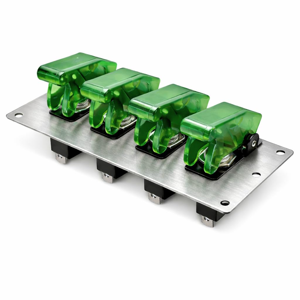 MGI SpeedWare 4 LED Lighted Toggle Rocker Switch Panel 12vDC Automotive & Truck Auxiliary, Stainless Steel, Safety Covers (Green)