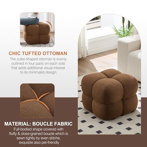 Image of Zesthouse Square Pouf Ottomans Footstool Set of 2, Upholstered Poofy Ottoman for Couch Sofa, Modern Ottoman Coffee Table for Living Room, Rust Brown Boucle Fabric Stool Foot Rest, Cute Vanity Chair