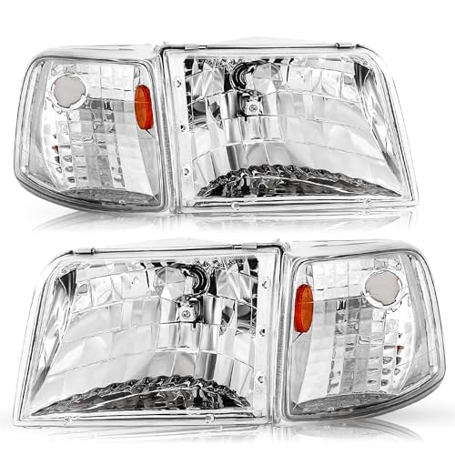 TUSDAR Headlight Assembly Chrome Housing and Amber Reflector Set for 93-97 Ford Ranger Headlamp Passenger and Driver Side