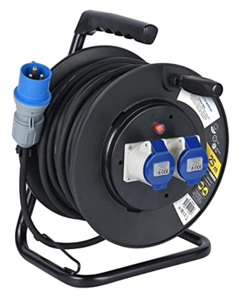 Electraline 49049 Prolunga in Gomma con Avvolgicavo 25 m, 2 Prese Industriali IEC, Spina a 3 Poli CEE Adatto per Camper, Campeggio, Caravan, Barca, Can, Nero/Blu