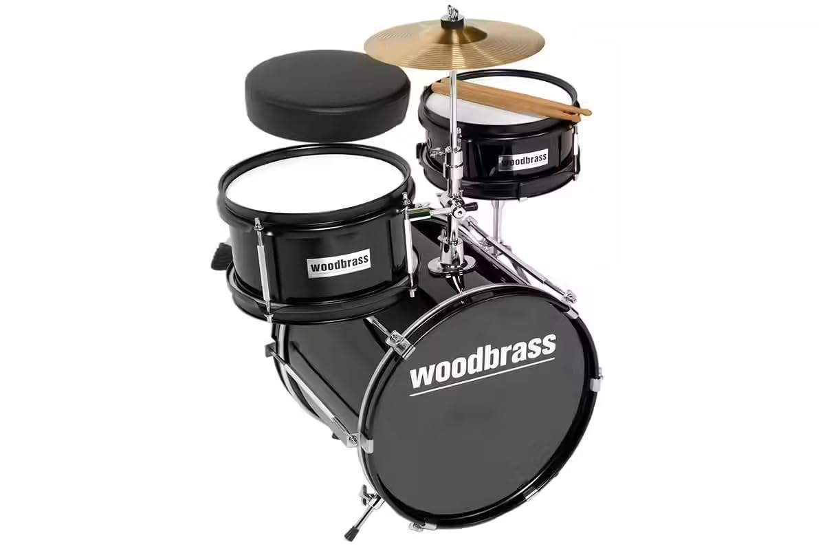 Woodbrass DSJ90B - Batteria per bambini completa 3+ anni, mini kit batteria acustica Junior con sedile, pedale, piatto 8", Tom e cassa chiara, batteria per bambini principianti, colore: nero