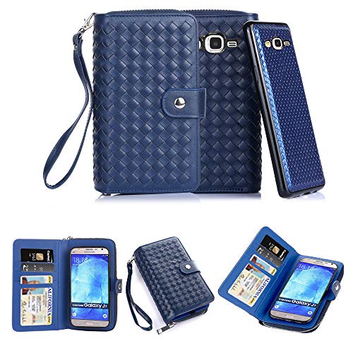 TabPow Galaxy J7 Case,Weave Zipper Cash Slot, Card Slots, Button, Leather Wallet Case Cover with Detachable Case for Samsung Galaxy J7 J700 (2015)- Weave Blue
