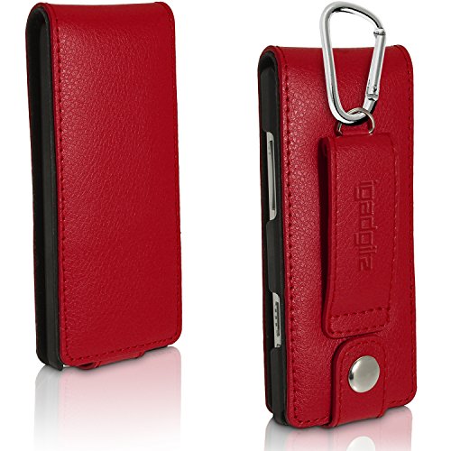 Igadgitz U3522 Leather Flip Case Cover With Detachable Carabiner +Belt Loop +Magnetic Closure +Screen Protector Compatible With Sony Walkman Nwz-A15, A17, A25, A27 8Gb 16Gb 32Gb & 64Gb - Red #TOP2