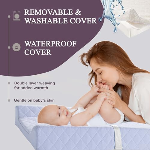 Image of Organic Cotton Covered Contoured Baby Changing Pad | Waterproof Foam Mattress, Soft, Removable & Washable Cover, Safety Strap, Non-Slip Bottom, Topper for Standard Size Infant Diaper Table & Dresser
