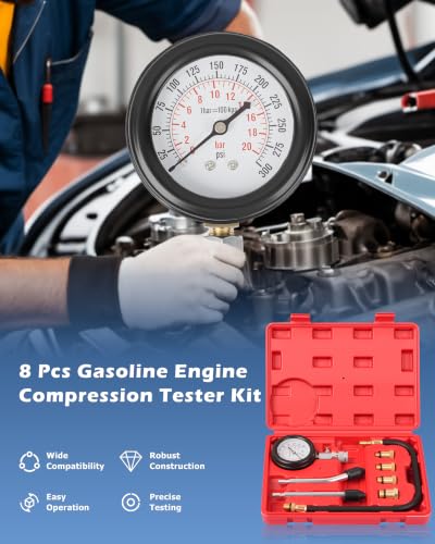 Image of DAYUAN Professional Petrol Engine Compression Tester Kit Set, Red Case | 8 Pcs, 14mm & 18mm Adapters, Dual Scale Gauge, 0-300 PSI /0-20 Bar, Reinforced Rubber Hose, Universal for Cars Motorcycles