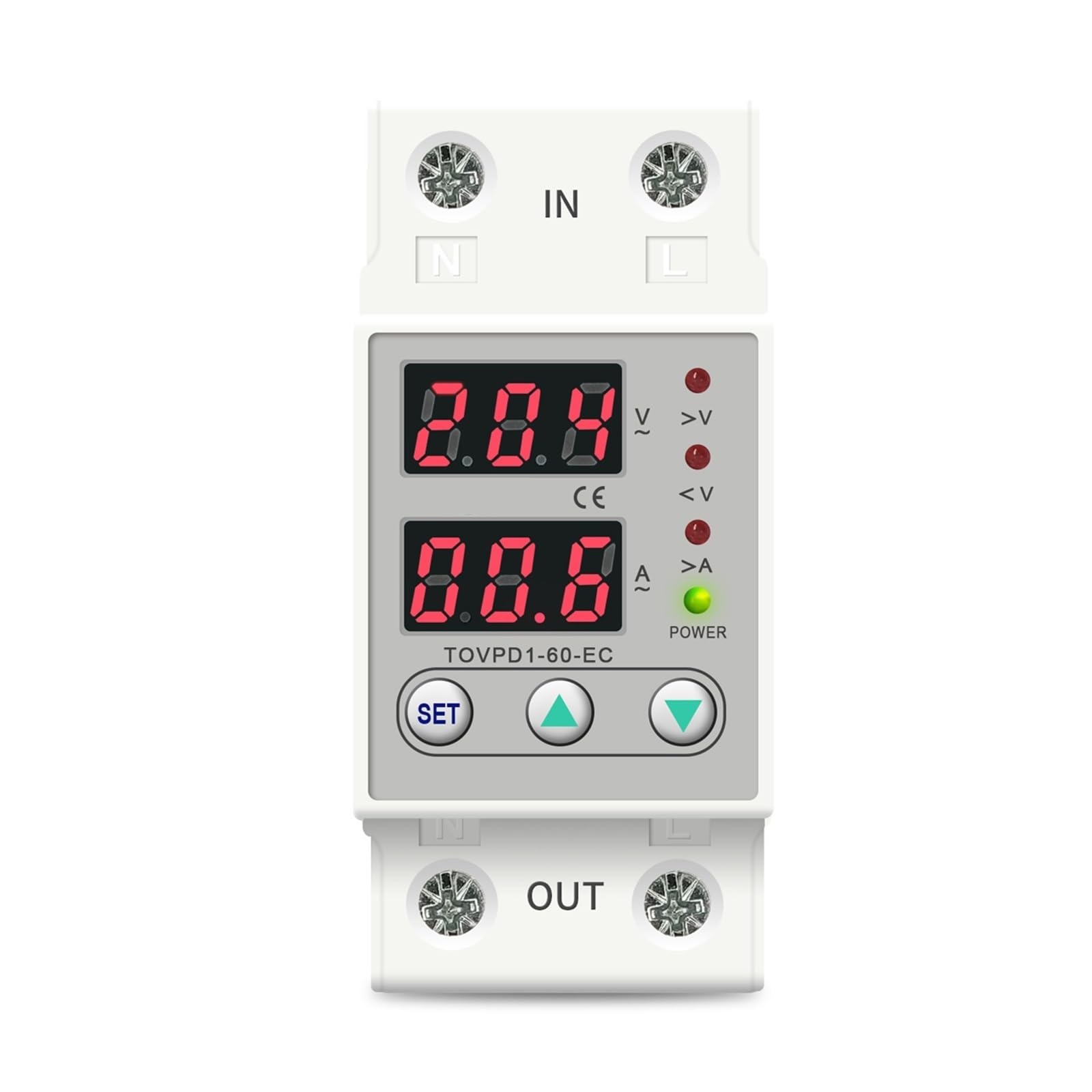 TSIOHKBS Dual Display 230V Din Rail Adjustable Over Under Voltage Current Protective Device Protector Relay TOVPD1-63-EC (60A)