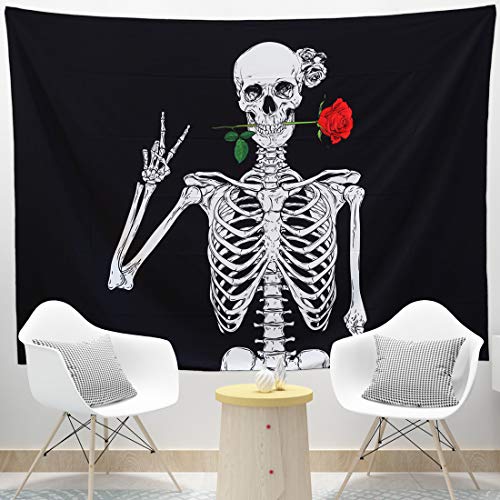 Grace Store Skull Tapestry Black Funny Skeleton Tapestry with Red Rose Wall Tapestry