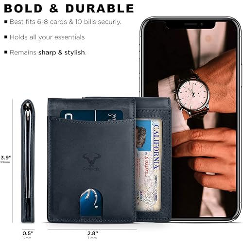 Image of Contacts Genuine Leather Money Clip Wallet Slim Front Pocket RFID Blocking Card Holder Minimalist Mini Bifold for Men's with Smart Pull Strap 8 Card Slots Photo ID (Blue)