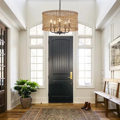 YOMECOO Hand-Woven Rattan Chandelier Vintage Farmhouse Boho Bamboo Chandeliers Light Fixture Rustic Retro 5-Lights Drum Wicker Rattan Black Chandelier for Dining Room, Kitchen, Living Room, E12 - Image 6