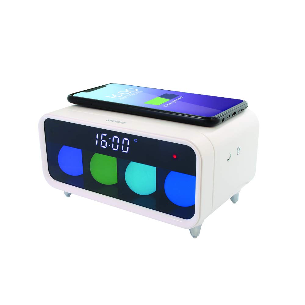 METRONIC 477029 - Sveglia con caricatore senza fili per induzione, effetti luminosi e tasti tattili, colore: Bianco