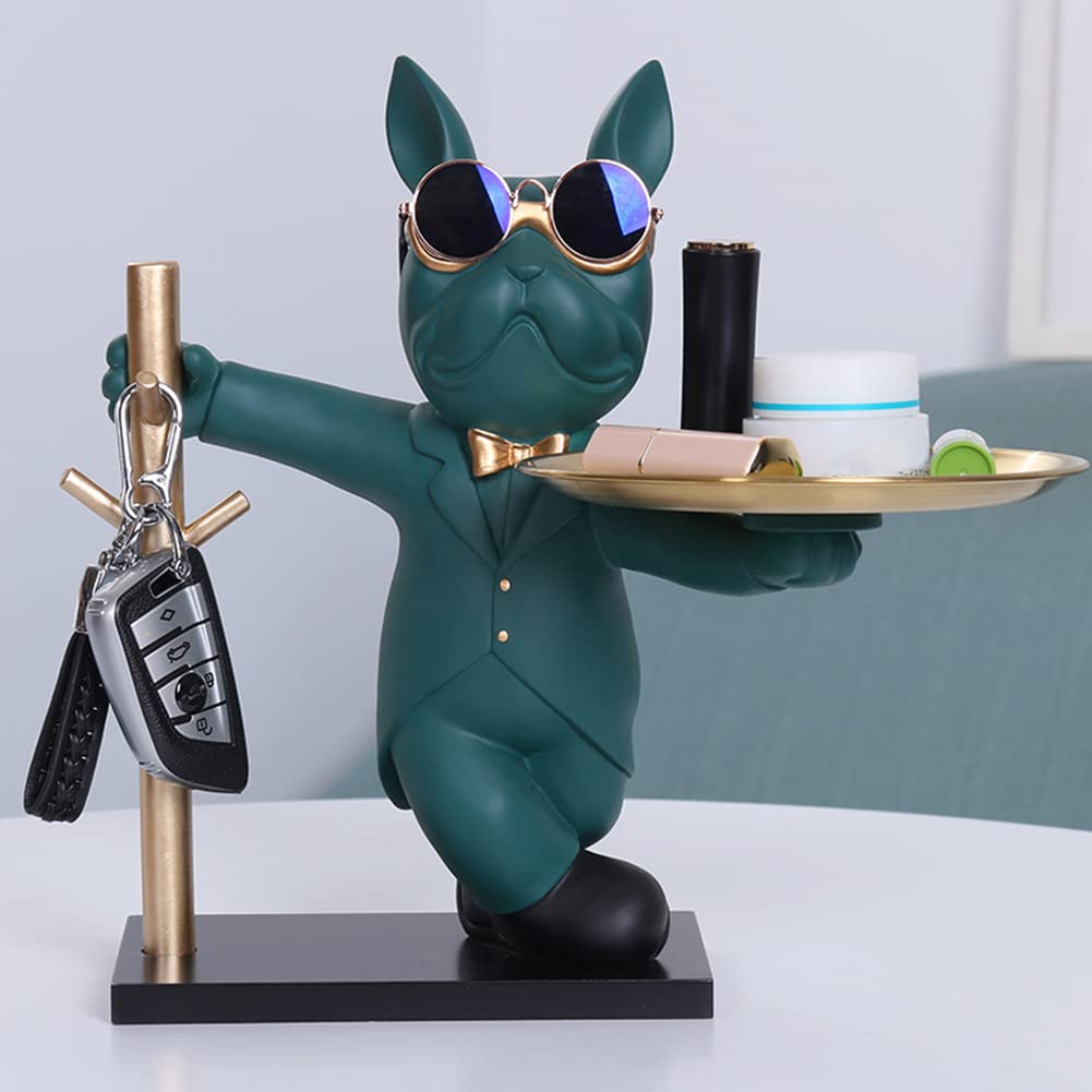 Statua Bulldog Vassoio, Design Svuotatasche Ingresso, Ciotola per Chiavi, Scultura Portaoggetti Ingresso (B-verde)