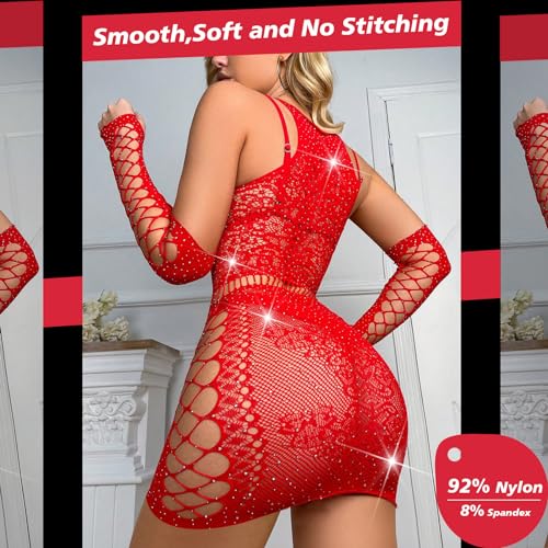 Sexy Lingerie For Women Naughty Rhinestone Sparkle Fishnet Lingerie Set Teddy Erotic Mesh Rave Outfit - Image 6
