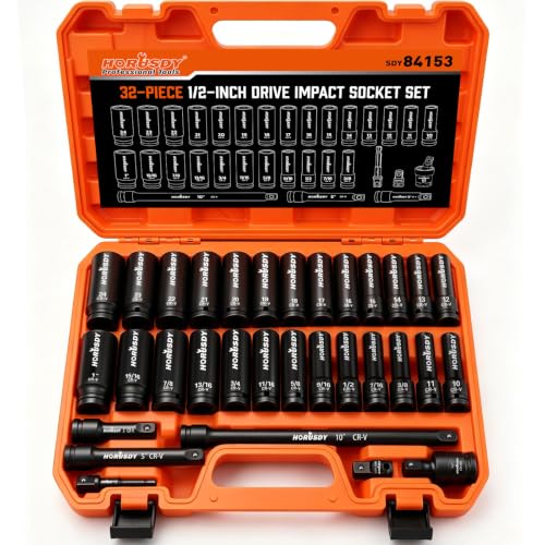 Image of 32-Piece 1 /2 inch Drive Impact Socket Set - Metric (10mm-24mm) and SAE (3 /8 inch-1 inch) Deep Socket Set with Extension Bar, Swivel Socket, Adapter, CR-V Steel for Auto Repair