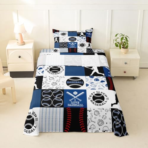 Image of Castle Fairy Baseball Bed Sheet Set Twin Size,Sports Geometric Grid Blue Sheet Set Kids Teens,Patchwork Baseball Bedding Decor Set with 1 Flat & 1 Fitted Sheet with 1 Pillow Sham