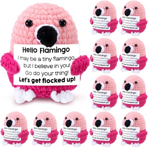 Mini flamants roses au crochet avec cartes positives pour décoration de bureau - Lot de 12