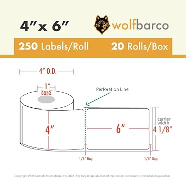 Wolfbarco 4 x 6 Pastel Blue, Green, Yellow, Pink Shipping Labels on 1 Core Compatible with Zebra and Rollo Printers, 4 Rolls / 250 Labels per Roll