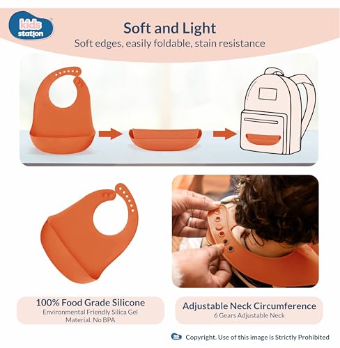 Image of Kids Station Wooden Baby Feeding Set - Bowl, Spoon & Bib - Orange | Eco-Friendly Self-Feeding Baby Tableware Set (3 pcs, Orange)