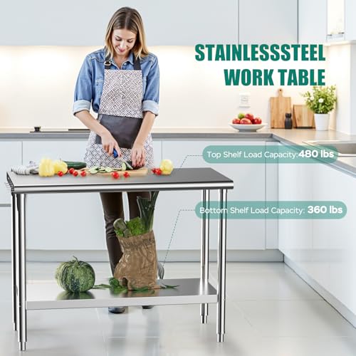 Image of Stainless Steel Table 24x48 Inch Dual Shelf Heavy Duty Prep Table - NSF Certified Fixed Metal Work Table, Kitchen Island, Commercial Food Prep Station for Restaurant, Home & Outdoor