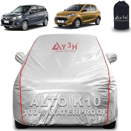 Image of 100% Waterproof Car Cover Compatible with Maruti Alto K10 | All Weather, Dust Proof, UV Protective with Mirror Pocket (Silver Magic)