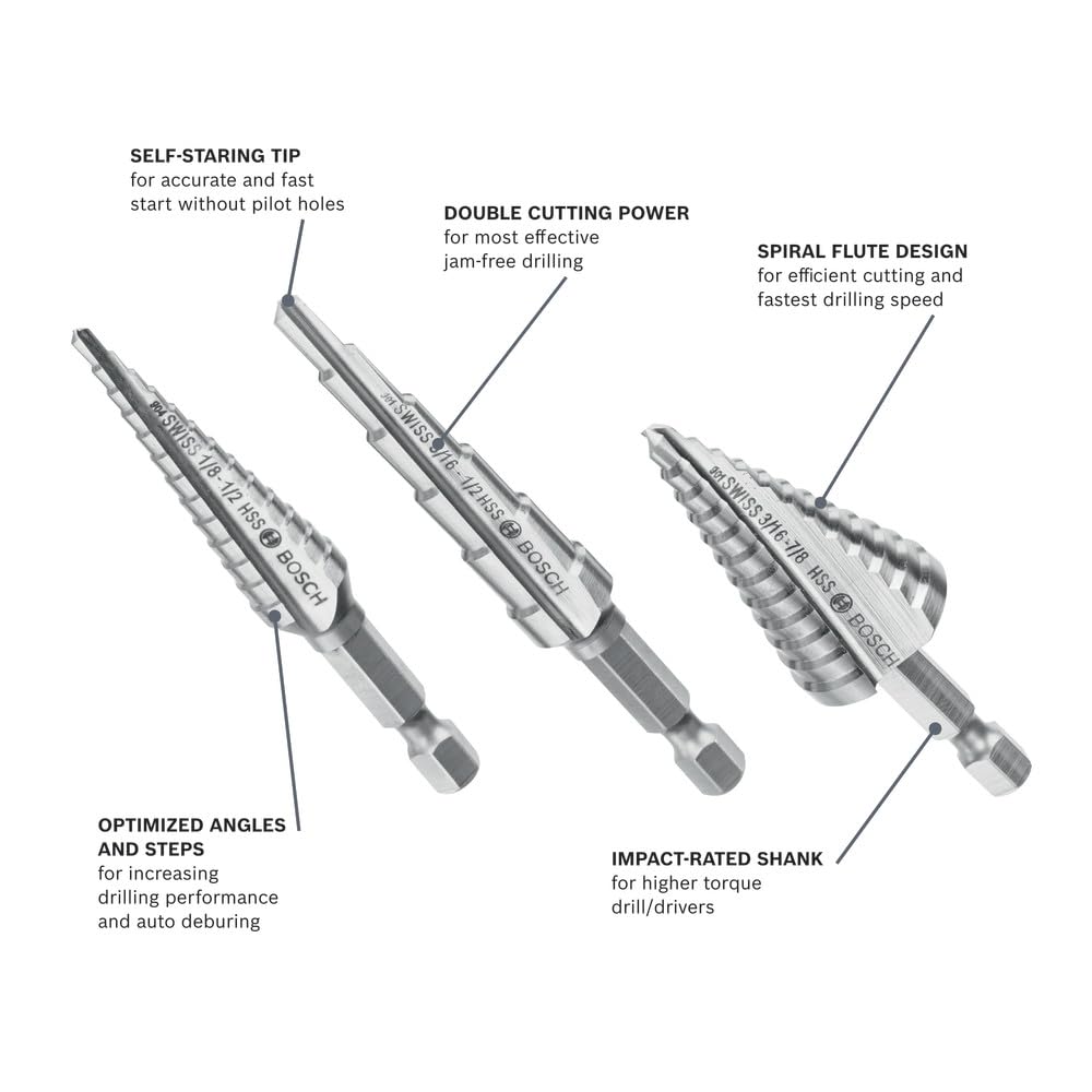 BOSCH IMSDC003 - Set di 3 punte per trapano a gradino in acciaio ad alta velocità, ideali per applicazioni di foratura senza fili in metallo, legno, plastica, PVC