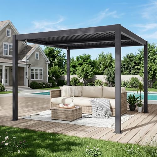 UPHYB Louvered Pergola 10x10ft, Metal Hardtop Pergola with Adjustable Roof for Sun & Rain Shade, Outdoor Gazebo with Integrated Drainage System, Modern Rustproof Patio Canopy Carport