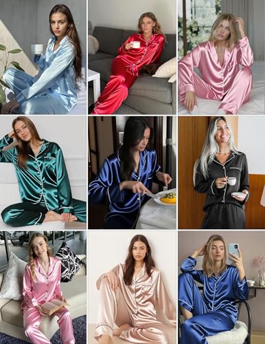 Ekouaer Silk Satin Pajama Set for Womens Button Up Long Sleeve Pj Sleepwear - image 4