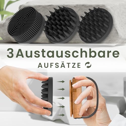 BAMBUA Kopfhaut Massagebürste - (3 AUFSÄTZE) vielseitige Kopfmassage Bürste mit Anti-Schuppen Effekt - Premium Haar Massagebürste Haare - Utensilienset inkl. E-Book „Gesunde Kopfhaut“ (Schwarz)