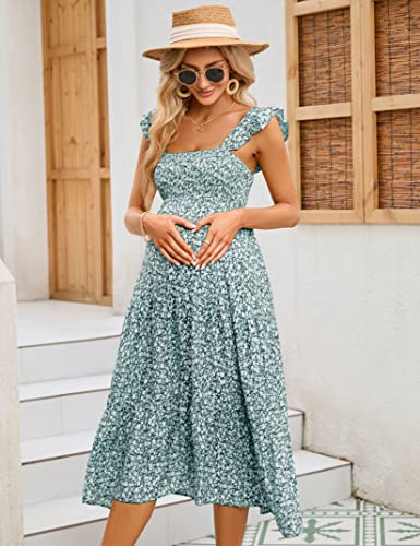 Image of KOJOOIN Womens Maternity Dress Summer Sleeveless Smocked Square Neck Ruffle Casual Boho Midi Dress Baby Shower Photoshoot