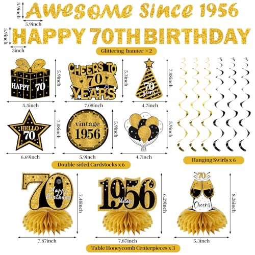 Image of Kuxriox 11Pcs 70th Birthday Decorations Kit for Men Women, Black Gold Happy 70th Birthday Banner, Awesome Since 1956 Centerpieces Swirls Party Supplies, Seventy Bday Banner Ceiling Table Topper Sign